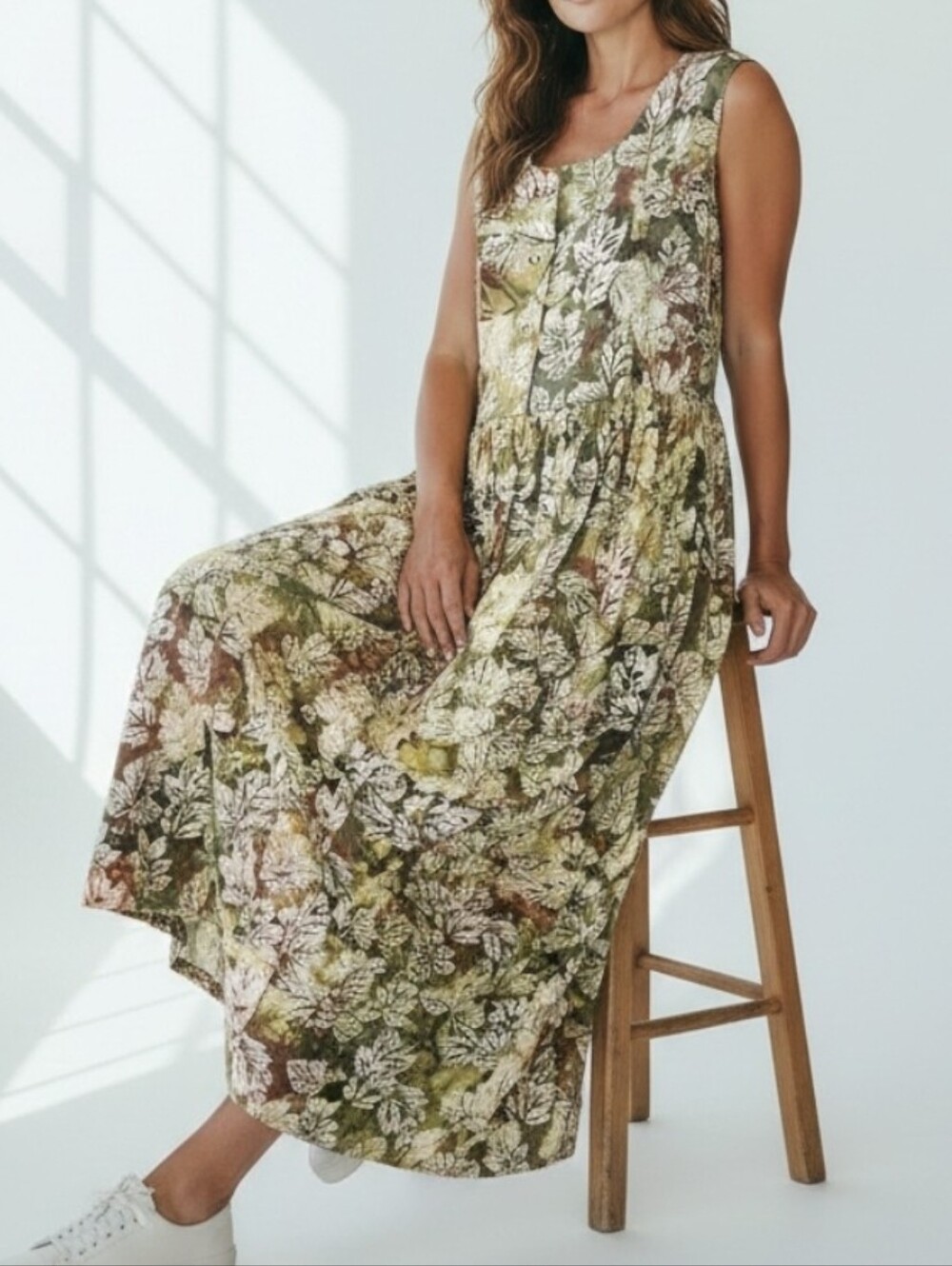 Vintage Handmade Dress Maxi Green Leaf Pattern Button Up Front Sleeveless‎ M/L